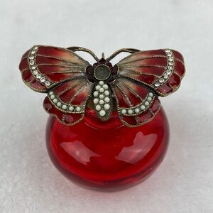 Petite Red Perfume Bottle with Enamel Embellished Butterfly 2.5”